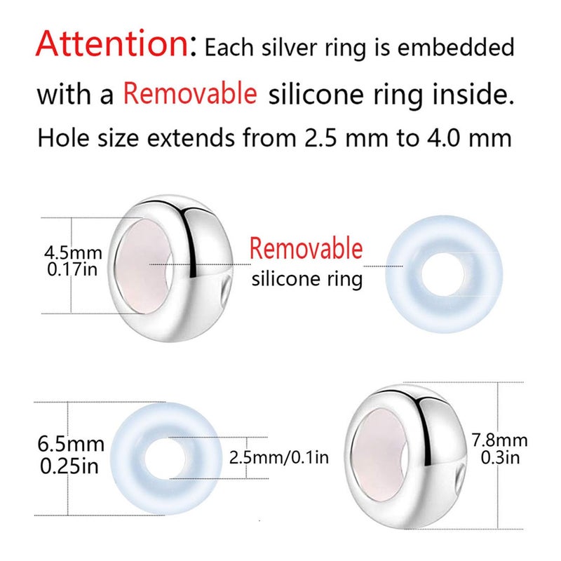 LAMOONY Clip Charms Sterling Silver Rondelle Spacer Bead Charm Stopper Charm for Pandora Charm Bracelets (Silver (2 pcs)) - Image 1